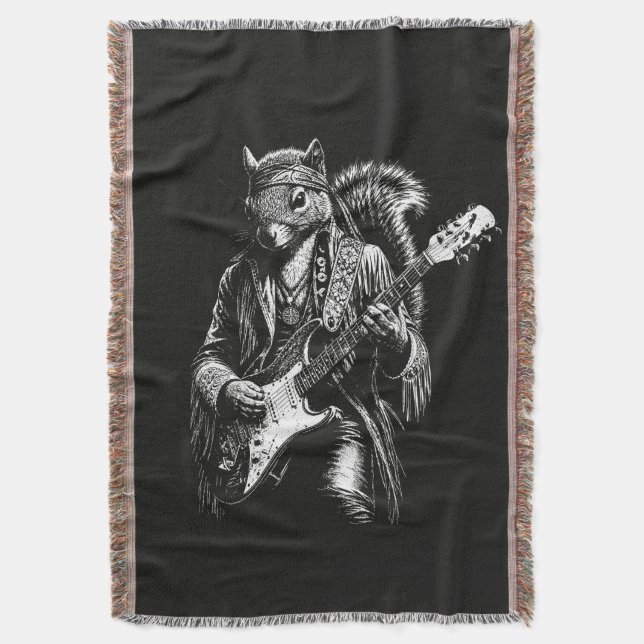Psychedelic Guitar Squirrel - Funny Vintage Rock Throw Blanket (Front Vertical)