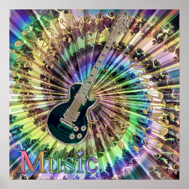 Psychedelic Guitar Swirling Notes Rainbow Music Poster (Front)