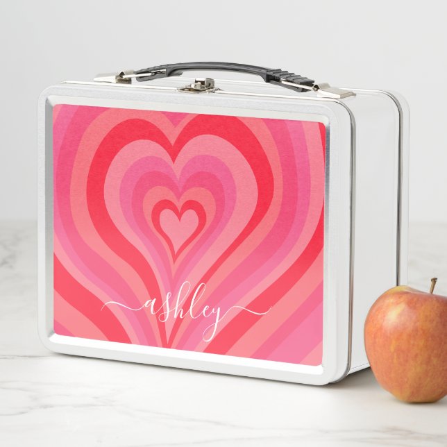 Psychedelic Hearts Calligraphy Script Name Pinks Metal Lunch Box (In Situ)