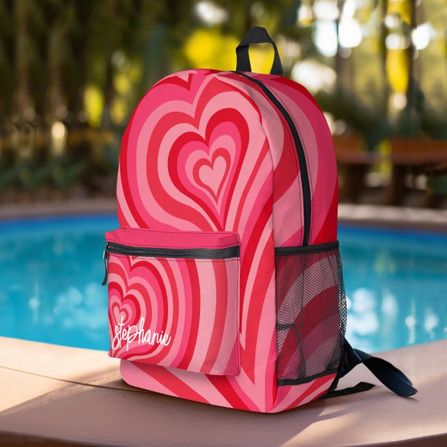 Psychedelic Hearts Calligraphy Script Name Pinks Printed Backpack (Personalized Backpack with Heart Design and Custom Name)