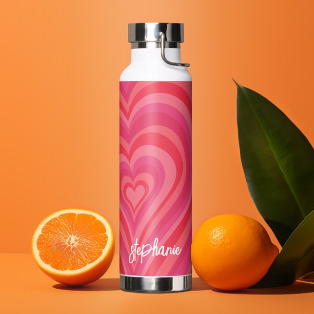 Psychedelic Hearts Calligraphy Script Name Pinks Water Bottle (Personalized water bottle with custom text - hearts)