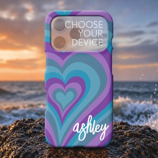Psychedelic Hearts Calligraphy Script Name Purple  iPhone 16 Case (Create Your Own Phone Case and Choose a Device Style)