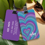 Psychedelic Hearts Calligraphy Script Name Purple  Luggage Tag<br><div class="desc">A funky heart pattern with crazy purple and blue colours. The modern script with swashes adds a modern touch to this retro design. Add your name or delete the text for a fun feminine cover.</div>
