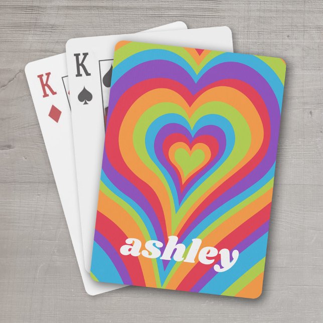 Psychedelic Hearts Calligraphy Script Name Rainbow Playing Cards (Personalized Playing Cards - add your photos and text)