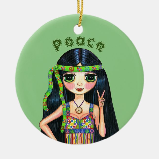 Psychedelic Hippie Chick Peace Sign Headband 1960s Ceramic Tree Decoration (Front)