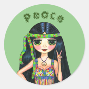 Psychedelic Hippie Chick Peace Sign Headband 1960s Classic Round Sticker