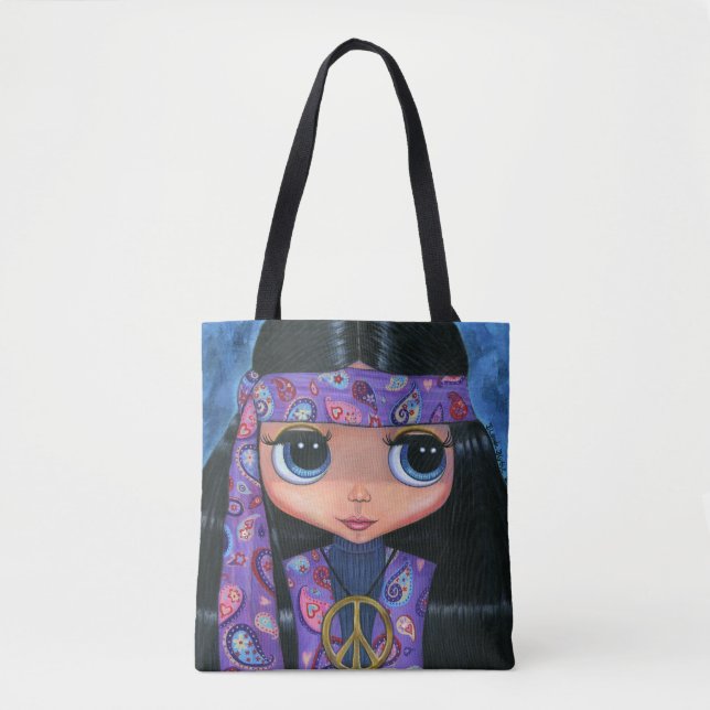 Psychedelic Hippie Chick Purple Paisley 1960s Tote Bag (Front)
