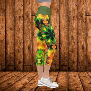 Psychedelic Hippie Flower Green Orange and Yellow  Capri Leggings