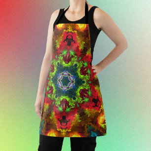 Psychedelic Hippie Flower Green Red and Orange Apron