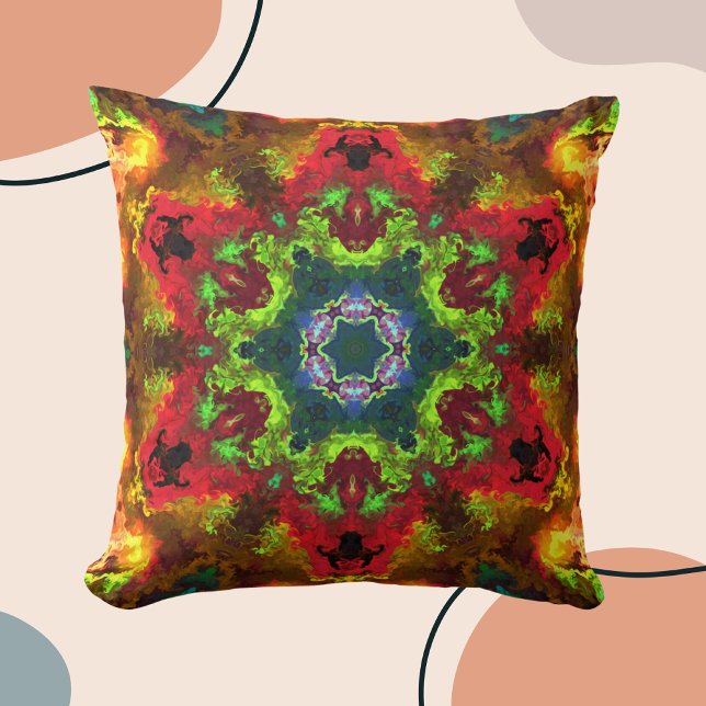 Psychedelic Hippie Flower Green Red and Orange Cushion (Creator Uploaded)