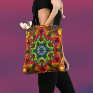 Psychedelic Hippie Flower Green Red and Orange Tote Bag