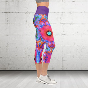 Psychedelic Hippie Flower Pink Blue and Orange Leg Capri Leggings