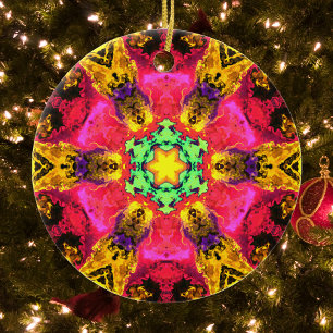 Psychedelic Hippie Flower Pink Yellow and Green Ceramic Tree Decoration