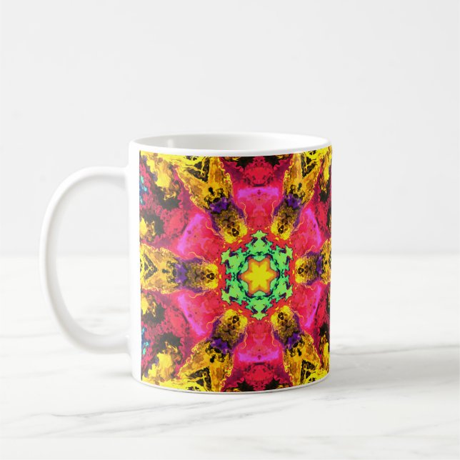 Psychedelic Hippie Flower Pink Yellow and Green Coffee Mug (Left)
