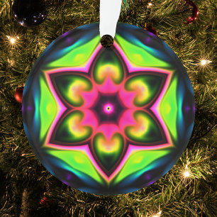 Psychedelic Hippie Flower Pink Yellow and Green Ornament