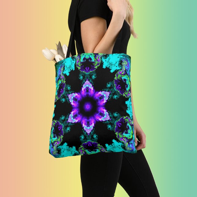Psychedelic Hippie Flower Purple Teal and Black Tote Bag (Creator Uploaded)