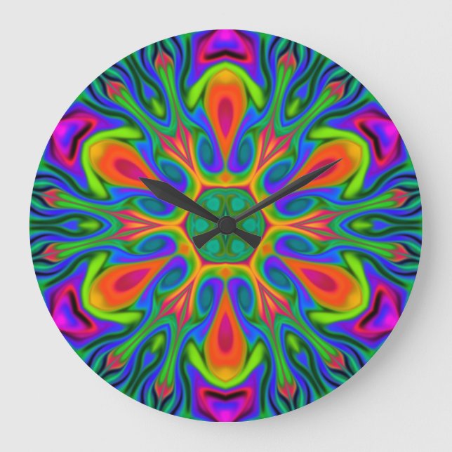 Psychedelic Hippie Flower Rainbow Large Clock (Front)