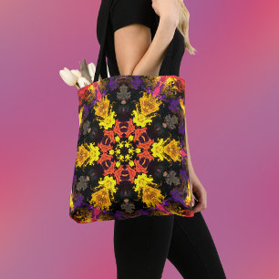Psychedelic Hippie Flower Red Yellow and Purple Tote Bag