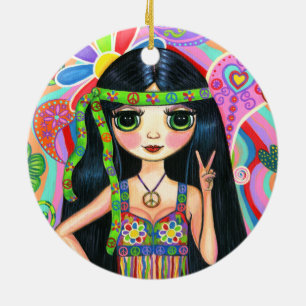 Psychedelic Hippie Girl Headband Peace Sign 1960s Ceramic Tree Decoration