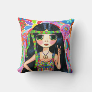 Psychedelic Hippie Girl Headband Peace Sign 1960s Cushion