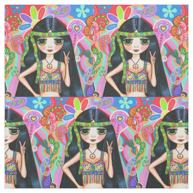 Psychedelic Hippie Girl Headband Peace Sign 1960s Fabric (Swatch)