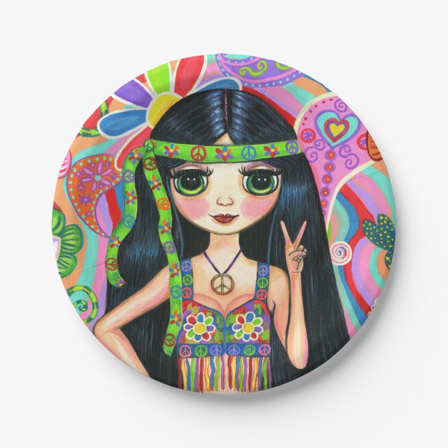 Psychedelic Hippie Girl Headband Peace Sign 1960s Paper Plate (Front)