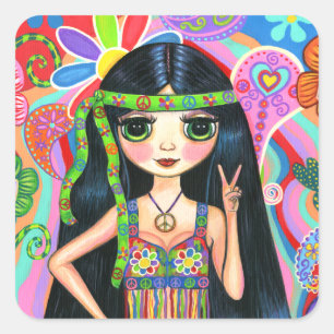 Psychedelic Hippie Girl Headband Peace Sign 1960s Square Sticker
