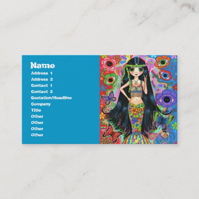 Psychedelic Hippie Girl Mermaid with Butterflies Business Card (Front)