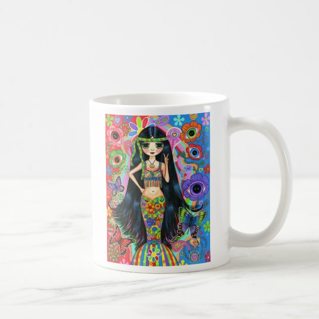 Psychedelic Hippie Mermaid Girl Doll Peace Sign Coffee Mug (Right)