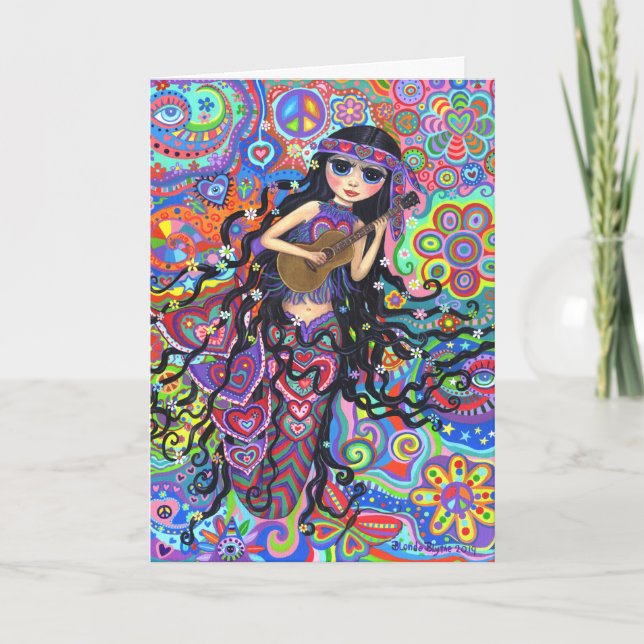 Psychedelic Hippie Mermaid Girl Playing Guitar Card (Front)