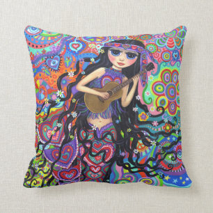 Psychedelic Hippie Mermaid Girl Playing Guitar Cushion