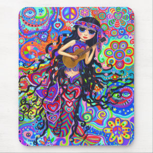Psychedelic Hippie Mermaid Girl Playing Guitar Mouse Mat