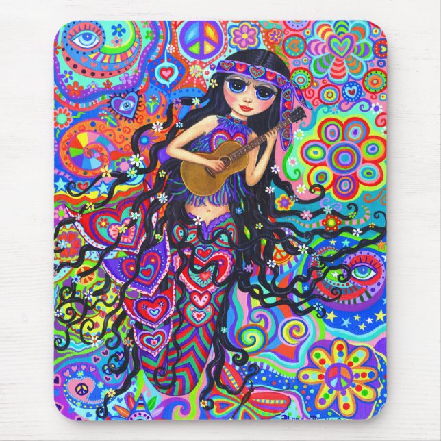 Psychedelic Hippie Mermaid Girl Playing Guitar Mouse Mat (Front)