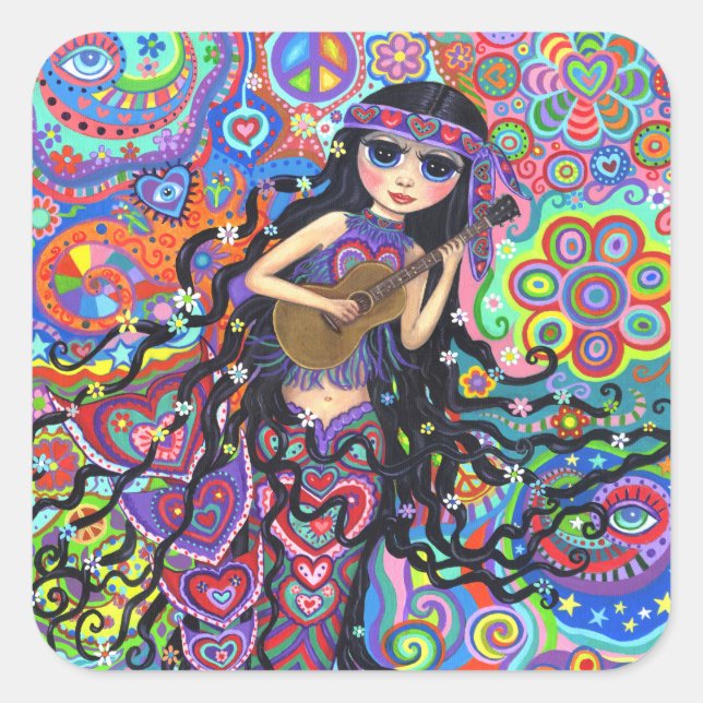 Psychedelic Hippie Mermaid Girl Playing Guitar Square Sticker (Front)