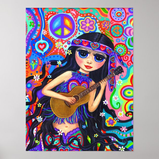 Psychedelic Hippie Mermaid Girl with Guitar Peace Poster (Front)