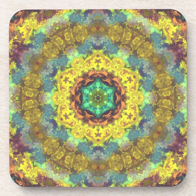 Psychedelic Hippie Yellow Blue and Green Coaster (Front)