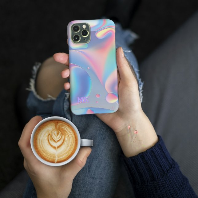 Psychedelic Hippy Lava Lamp Style Rainbow Bubble Case-Mate iPhone Case (Personalize your initial/monogram on this pretty, pastel psychedelic bubbles and swirls phone case)