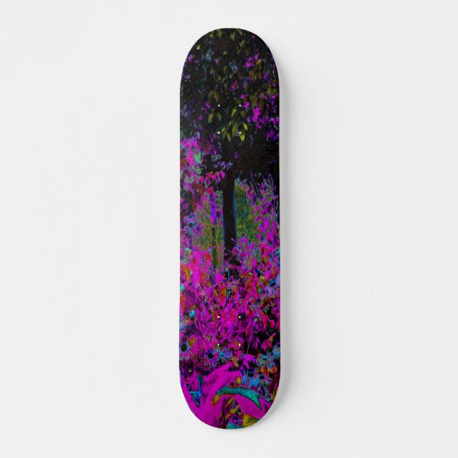 Psychedelic Hot Pink and Black Garden Sunrise Skateboard (Front)