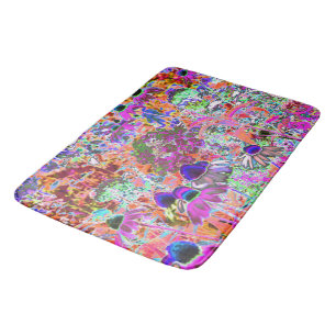 Psychedelic Hot Pink and Lime Green Garden Flowers Bath Mat
