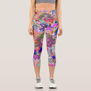 Psychedelic Hot Pink and Lime Green Garden Flowers Capri Leggings