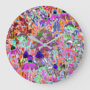 Psychedelic Hot Pink and Lime Green Garden Flowers Large Clock