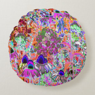 Psychedelic Hot Pink and Lime Green Garden Flowers Round Cushion