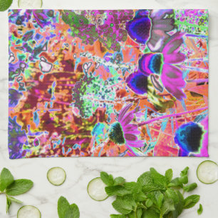 Psychedelic Hot Pink and Lime Green Garden Flowers Tea Towel