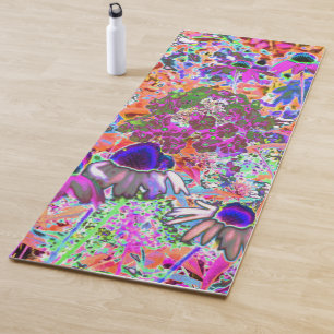 Psychedelic Hot Pink and Lime Green Garden Flowers Yoga Mat