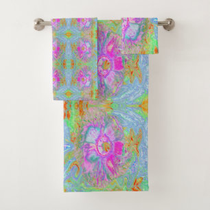Psychedelic Hot Pink and Ultra-Violet Hibiscus Bath Towel Set