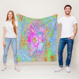 Psychedelic Hot Pink and Ultra-Violet Hibiscus Fleece Blanket