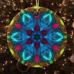 Psychedelic Kaleidoscope Blue Pink and Green Ceramic Tree Decoration