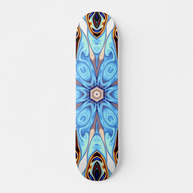 Psychedelic Kaleidoscope Flower Blue and Orange Skateboard (Front)