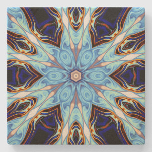 Psychedelic Kaleidoscope Flower Blue and Orange Stone Coaster