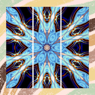 Psychedelic Kaleidoscope Flower Blue and Orange Triptych